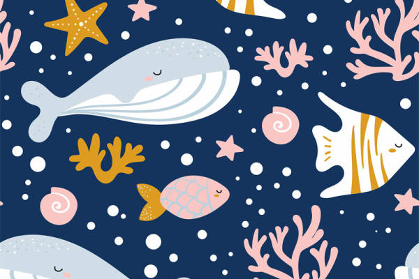 海洋生物主题面料印花 可爱卡通服装印花设计