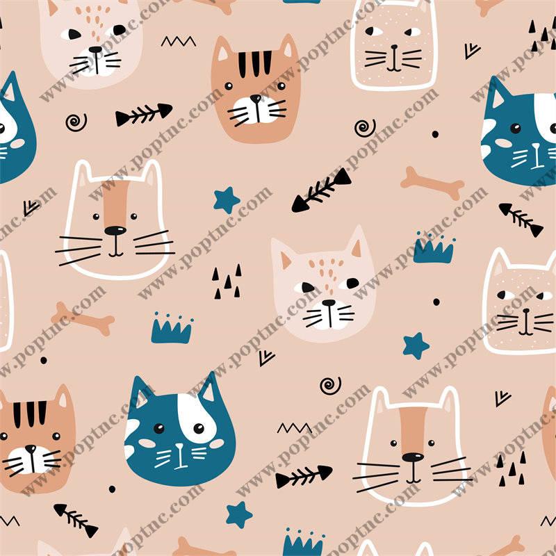 可爱卡通猫咪图案面料印花,适用于儿童服装印花设计