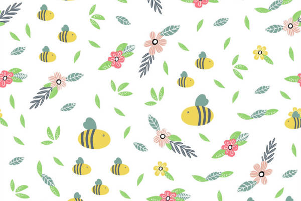 春日蜜蜂与花朵图案服装印花面料设计