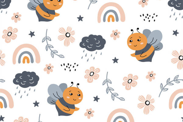 可爱卡通蜜蜂与彩虹面料印花儿童服装印花设计