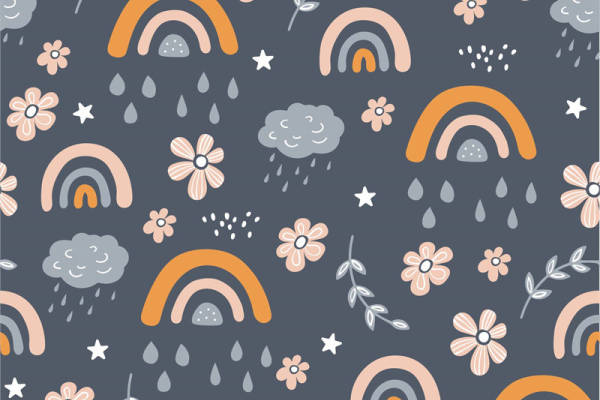 梦幻彩虹与花朵图案服装印花面料设计