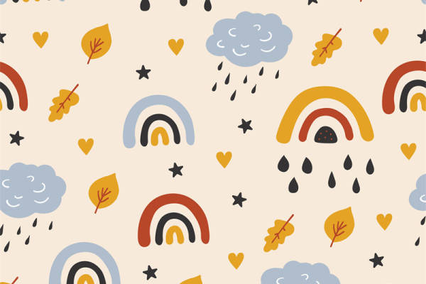 创意彩虹与云朵图案面料印花，儿童服装印花设计