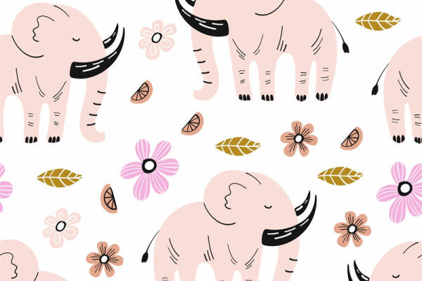 可爱粉色大象与花卉图案服装印花面料设计