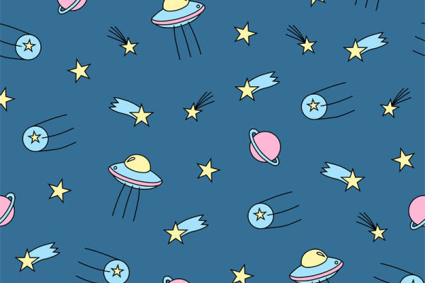 太空主题服装印花面料设计，星星与行星图案