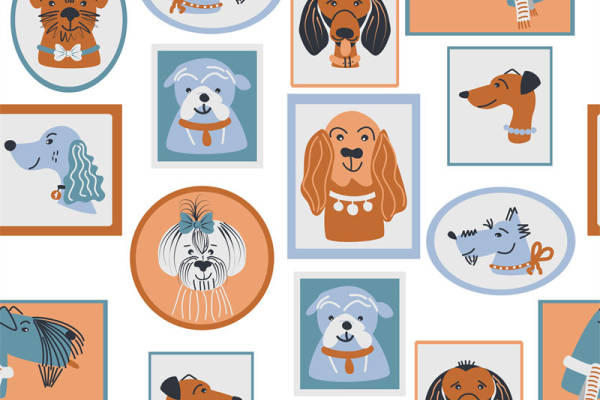 可爱卡通狗图案面料印花,时尚宠物主题服装印花设计