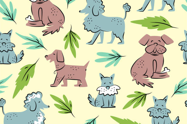 可爱卡通狗狗与叶子图案服装印花面料设计