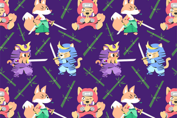 卡通狐狸武士服装印花面料设计