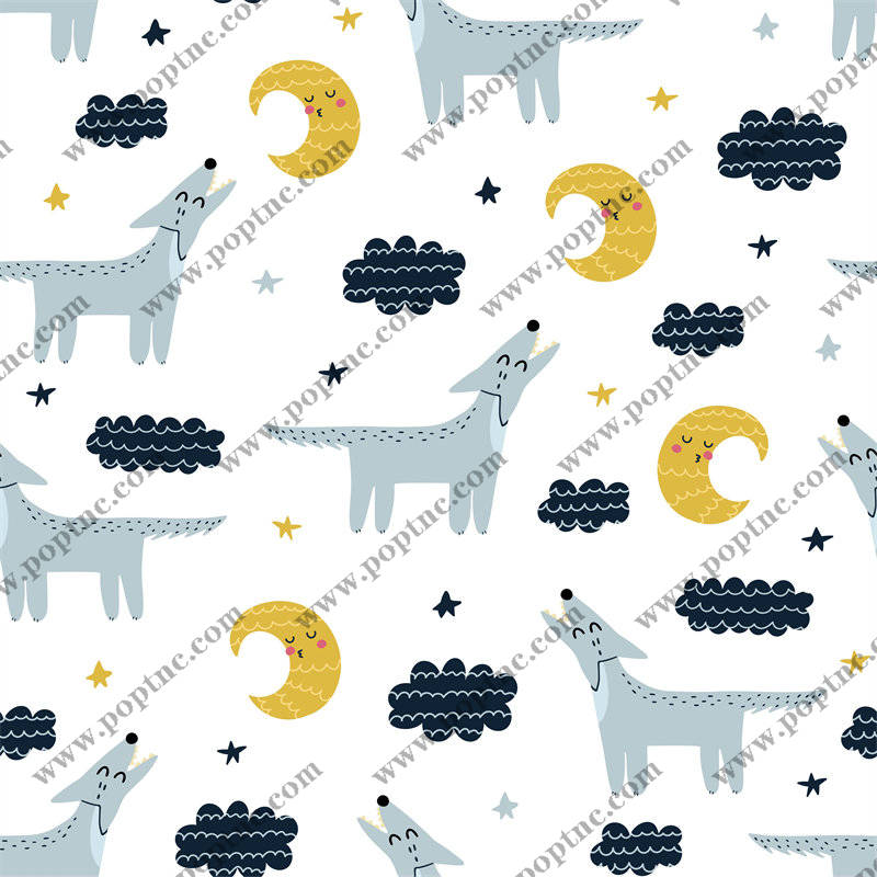 梦幻风格儿童服装印花设计:可爱动物与月亮图案面料印花