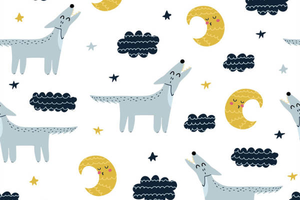 梦幻风格儿童服装印花设计:可爱动物与月亮图案面料印花