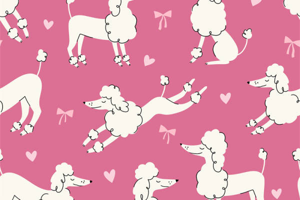 可爱粉色背景上的白色小狗和小狗服装印花设计