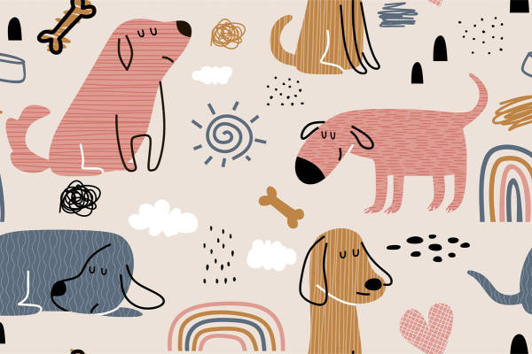 可爱卡通狗狗图案面料印花设计,适合儿童服装印花