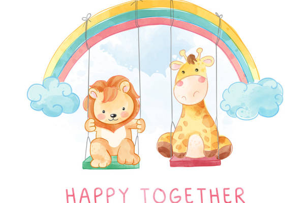 彩虹下的狮子与长颈鹿裁片印花儿童服装