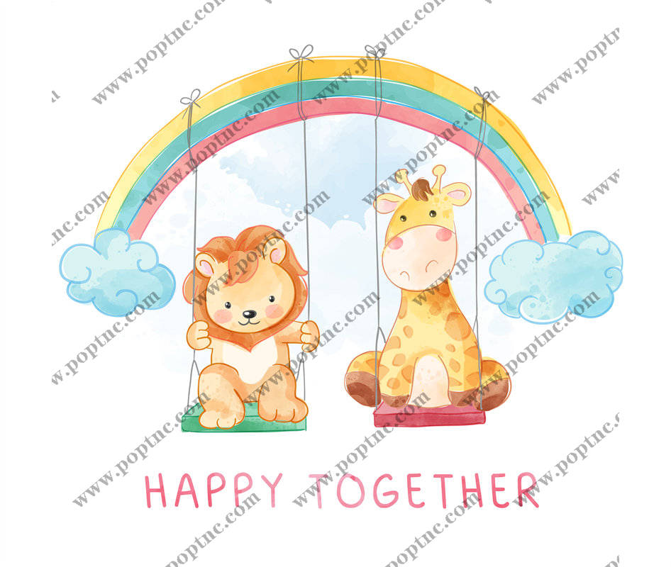 彩虹下的狮子与长颈鹿裁片印花儿童服装