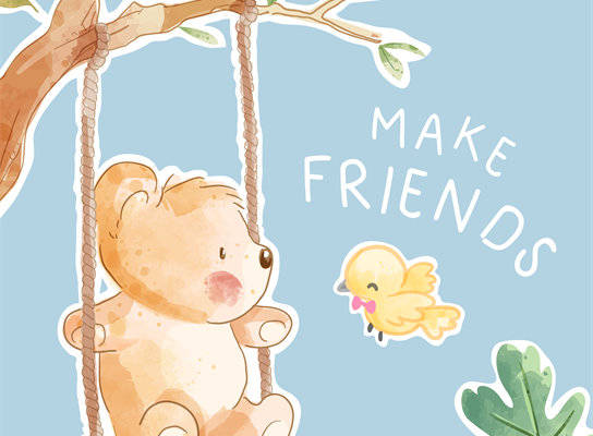 可爱小熊秋千裁片印花服装，温馨友谊主题服装印花设计