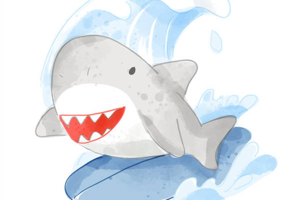 可爱卡通鲨鱼裁片印花服装 夏日清凉海洋风格服装印花设计