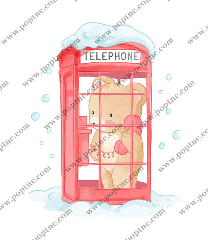 可爱卡通风格裁片印花 服装印花设计 创意电话亭小熊图案