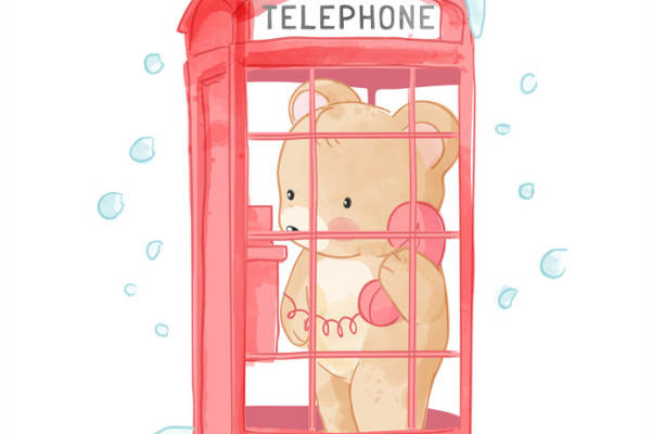 可爱卡通风格裁片印花 服装印花设计 创意电话亭小熊图案