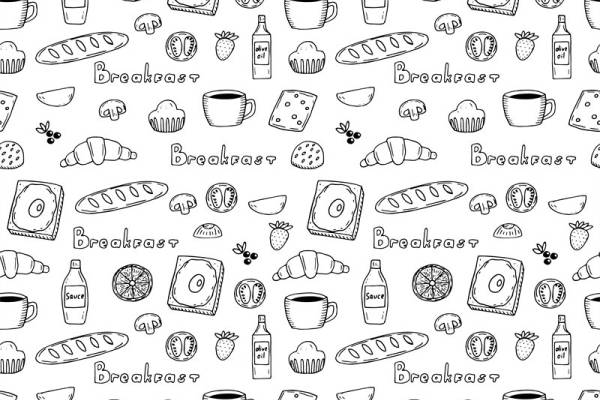 手绘早餐主题服装印花设计:面包、咖啡和水果的完美组合