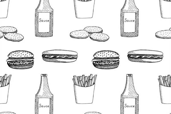 时尚快餐风格面料印花设计，适用于休闲服装印花