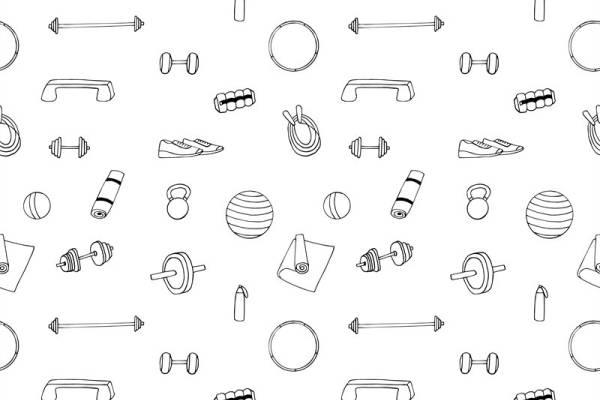 时尚运动风格服装印花设计：健身器材与运动鞋图案