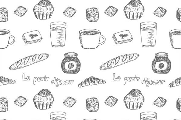 时尚早餐主题服装印花设计：咖啡面包图案面料印花