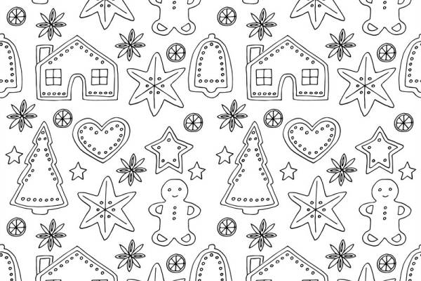 冬季节日主题服装印花：圣诞树、姜饼人和星星图案面料印花