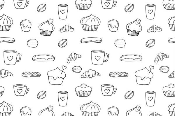 可爱手绘风咖啡与甜点面料印花服装印花设计