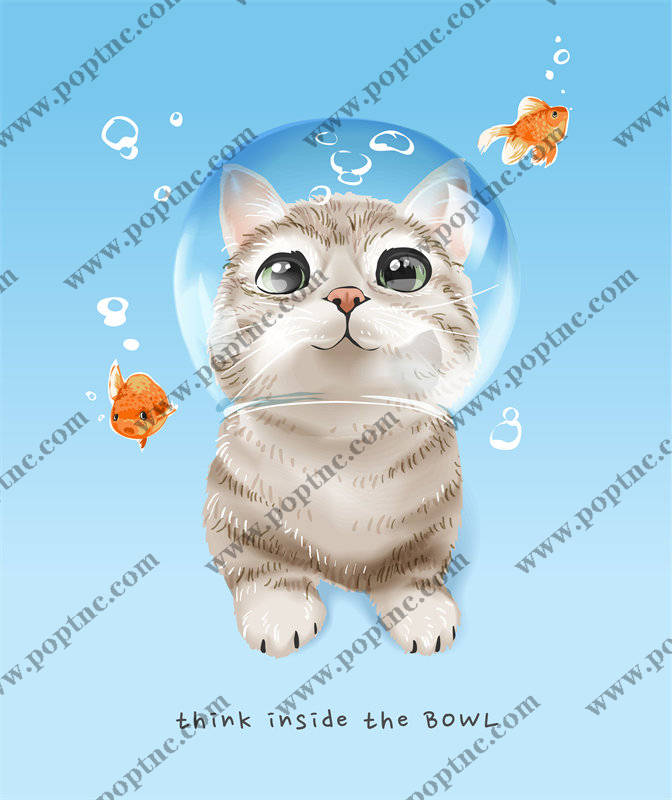 创意猫咪裁片印花服装:趣味金鱼泡泡图案设计