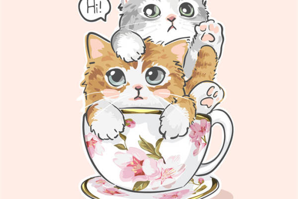 可爱猫咪裁片印花服装 萌趣茶杯图案服装印花设计