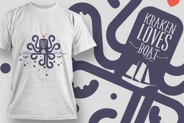 海洋风格裁片印花服装：Kraken Loves Boat创意T恤