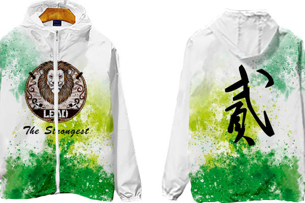 时尚个性狮子头裁片印花服装,展现力量与勇气的绿色渐变连帽衫