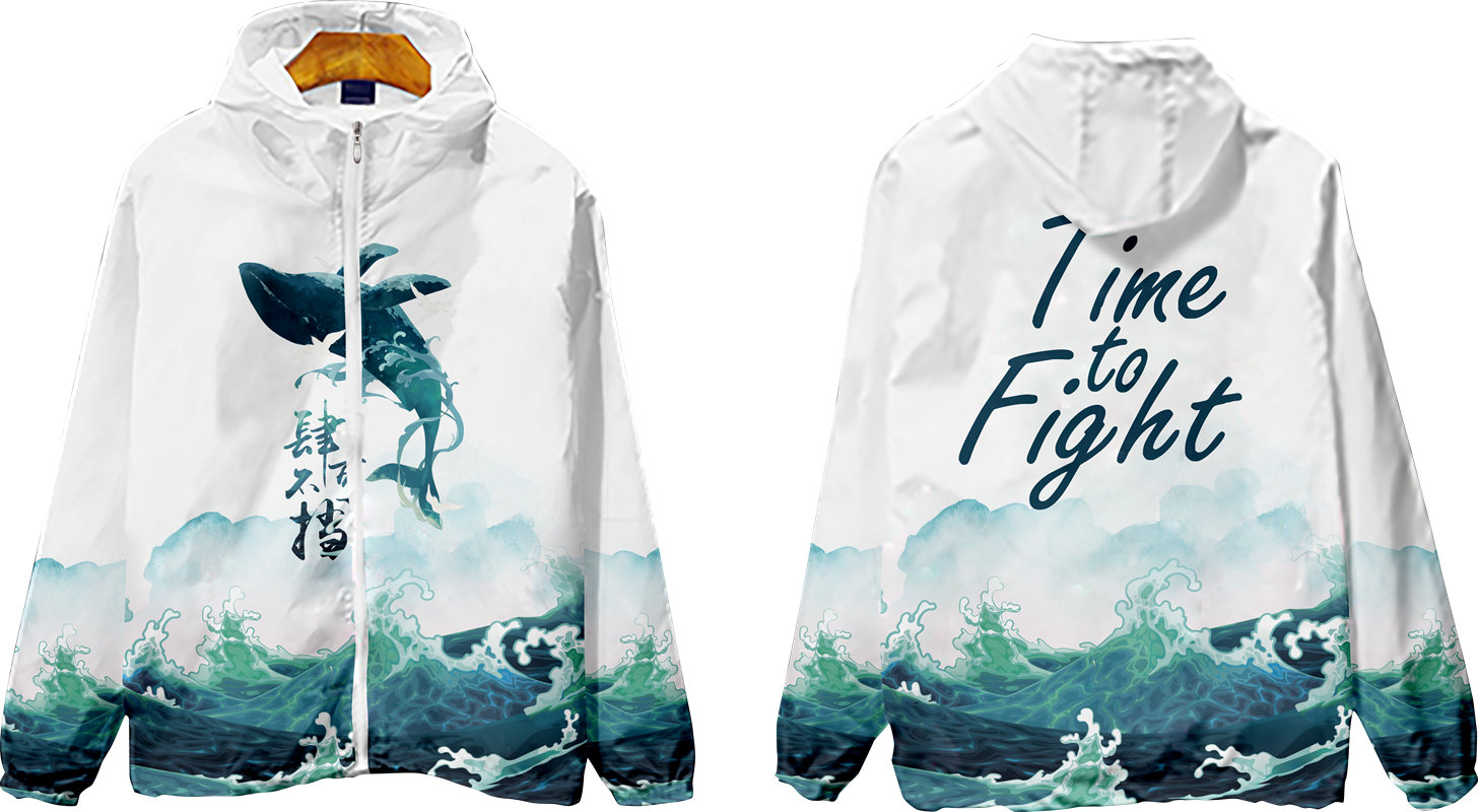 海洋风格鲸鱼裁片印花服装，激励文字'Time to Fight'时尚外套