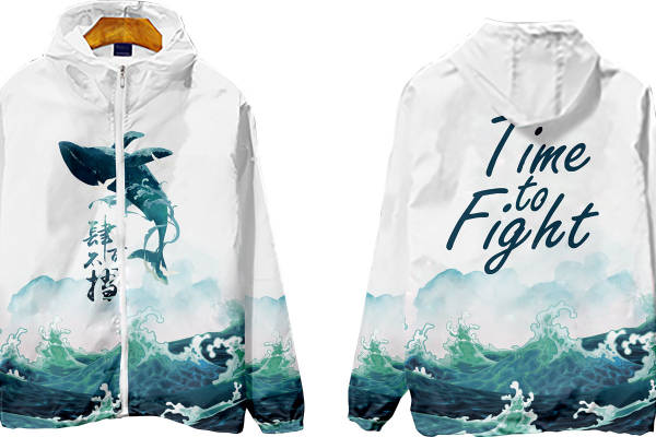 海洋风格鲸鱼裁片印花服装，激励文字'Time to Fight'时尚外套