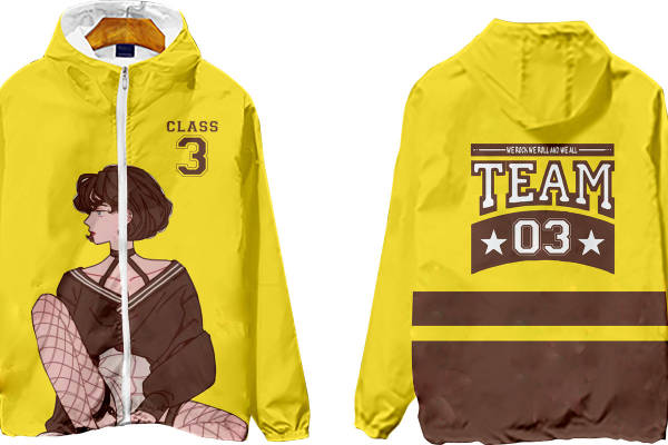 时尚黄色动漫风格裁片印花服装 个性班服设计