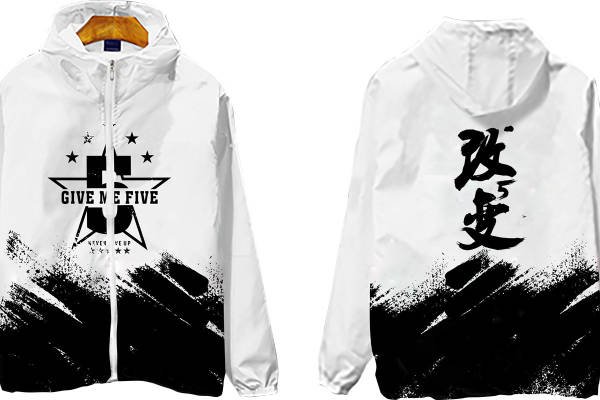 时尚黑白撞色裁片印花服装 个性创意设计连帽外套