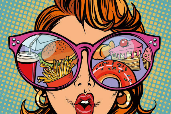 复古风格裁片印花服装：趣味美食主题眼镜设计