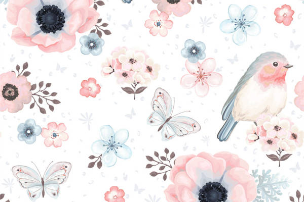 春日花卉与小鸟图案服装印花面料设计