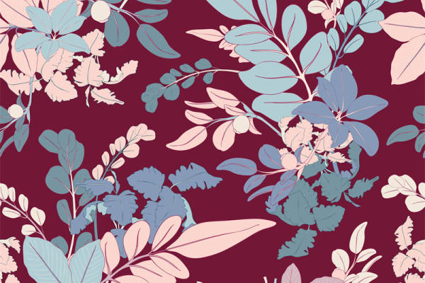深红底色花卉图案面料印花，优雅服装印花设计