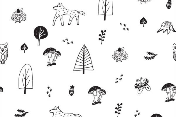 自然风格黑白森林动物面料印花服装印花设计