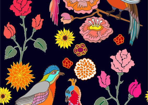 时尚多彩鸟类与花卉图案服装印花面料设计