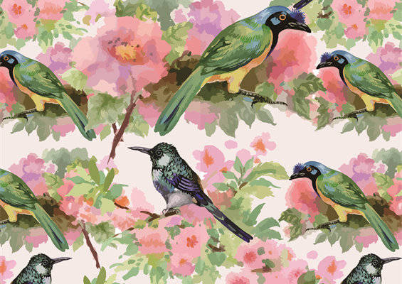 春日花园中的鸟类与花卉面料印花服装