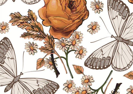 优雅花卉与蝴蝶图案面料印花服装印花设计