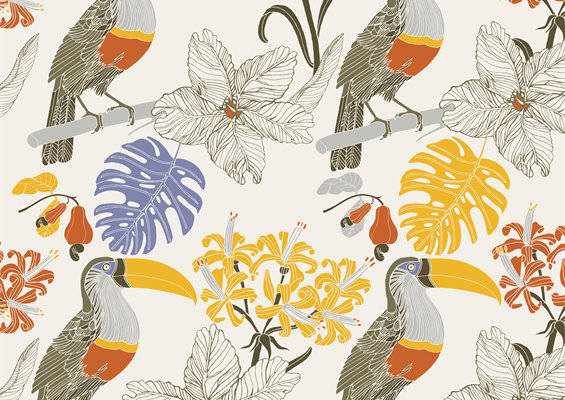热带风情鸟类与花卉面料印花服装印花设计