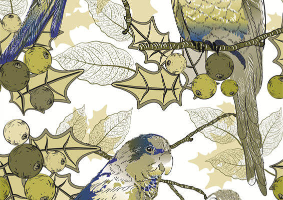 自然风格鸟类与果实面料印花服装印花设计