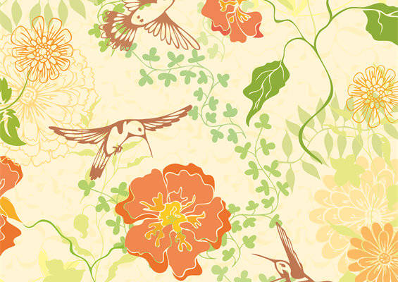 春日花园风格面料印花，服装印花设计，自然花卉与飞鸟图案