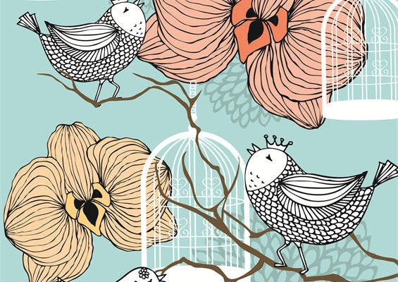 优雅花卉与鸟类图案服装印花面料设计