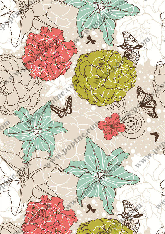 时尚花卉与蝴蝶图案服装印花面料设计