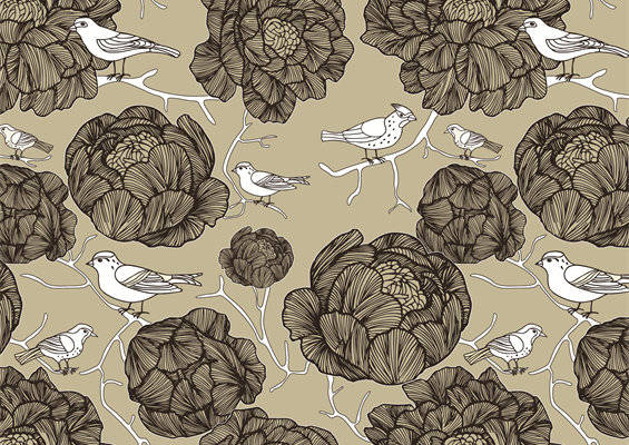 优雅复古风格服装印花:花卉与飞鸟图案面料印花设计