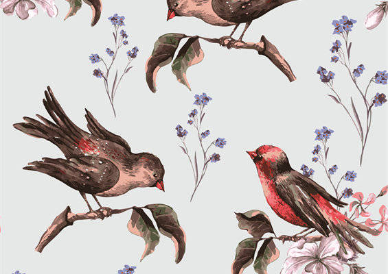 自然风格红雀与花卉面料印花服装印花设计