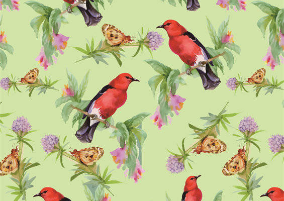 春意盎然的红雀与蝴蝶服装印花面料设计